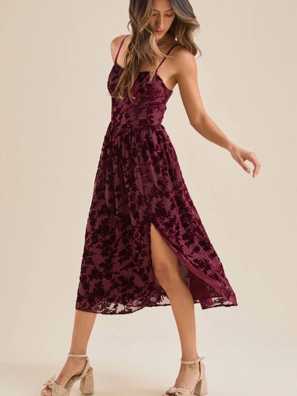 Altar'd State Burgundy Floral Burnout Velvet Midi Dress